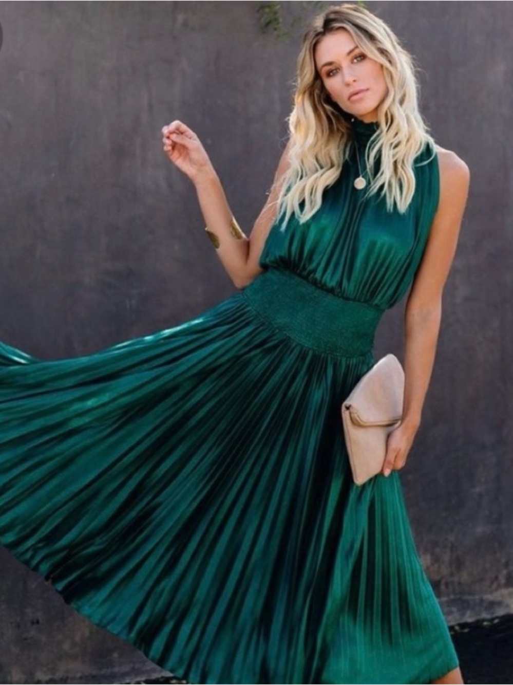 VICI Pont Des Arts Pleated Smocked Midi Dress - Emerald - Large